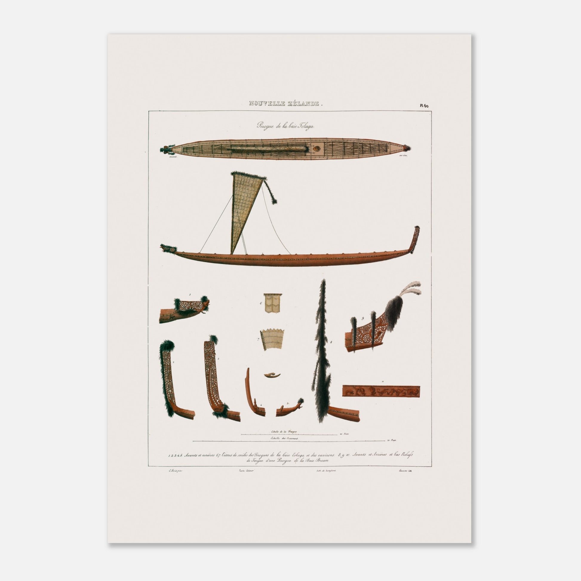 Planche de pirogues des baies de Tolaga et de Bream - Nouvelle-Zélande - Astrolabe (50x70 cm). Gravure illustrant des pirogues des baies de Tolaga et de Bream en Nouvelle-Zélande, montrant des détails de proue, de poupe, et de voiles.