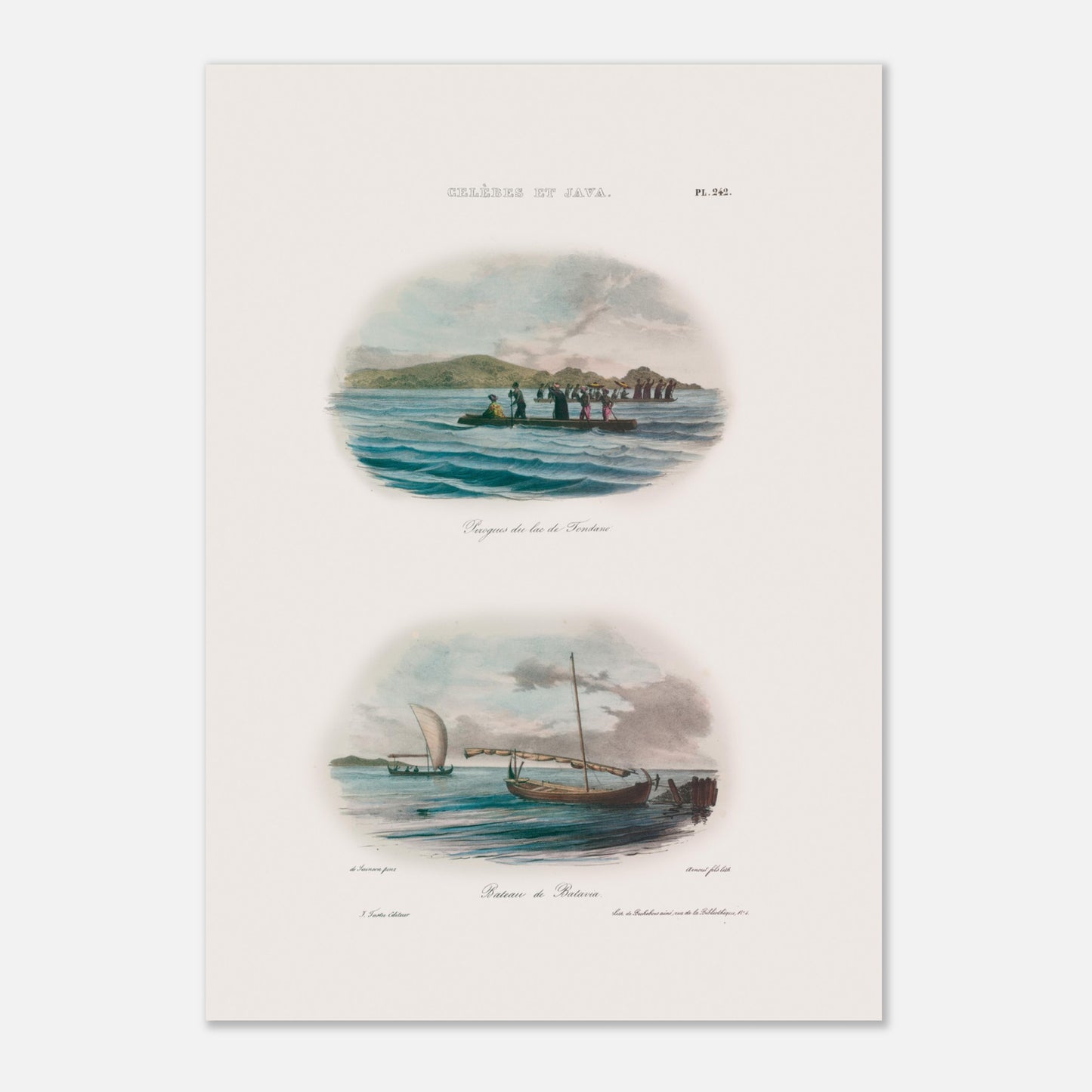 Planche de pirogues du lac de Tondano et bateaux de Batavia - Expédition Astrolabe (29,7x42 cm (A3)). Cette illustration présente deux scènes maritimes : en haut, plusieurs pirogues sur un lac avec des personnages, et en bas, un bateau à voile à Batavia.