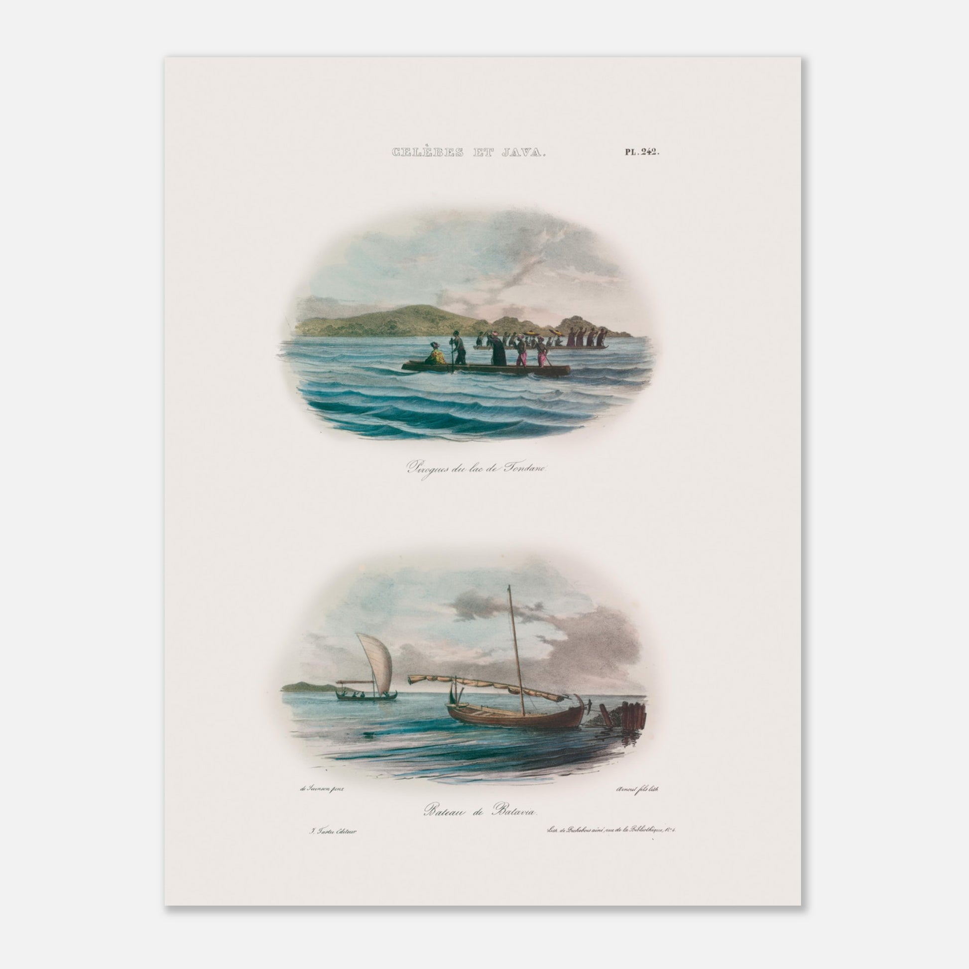 Planche de pirogues du lac de Tondano et bateaux de Batavia - Expédition Astrolabe (30x40 cm). Cette illustration présente deux scènes maritimes : en haut, plusieurs pirogues sur un lac avec des personnages, et en bas, un bateau à voile à Batavia.
