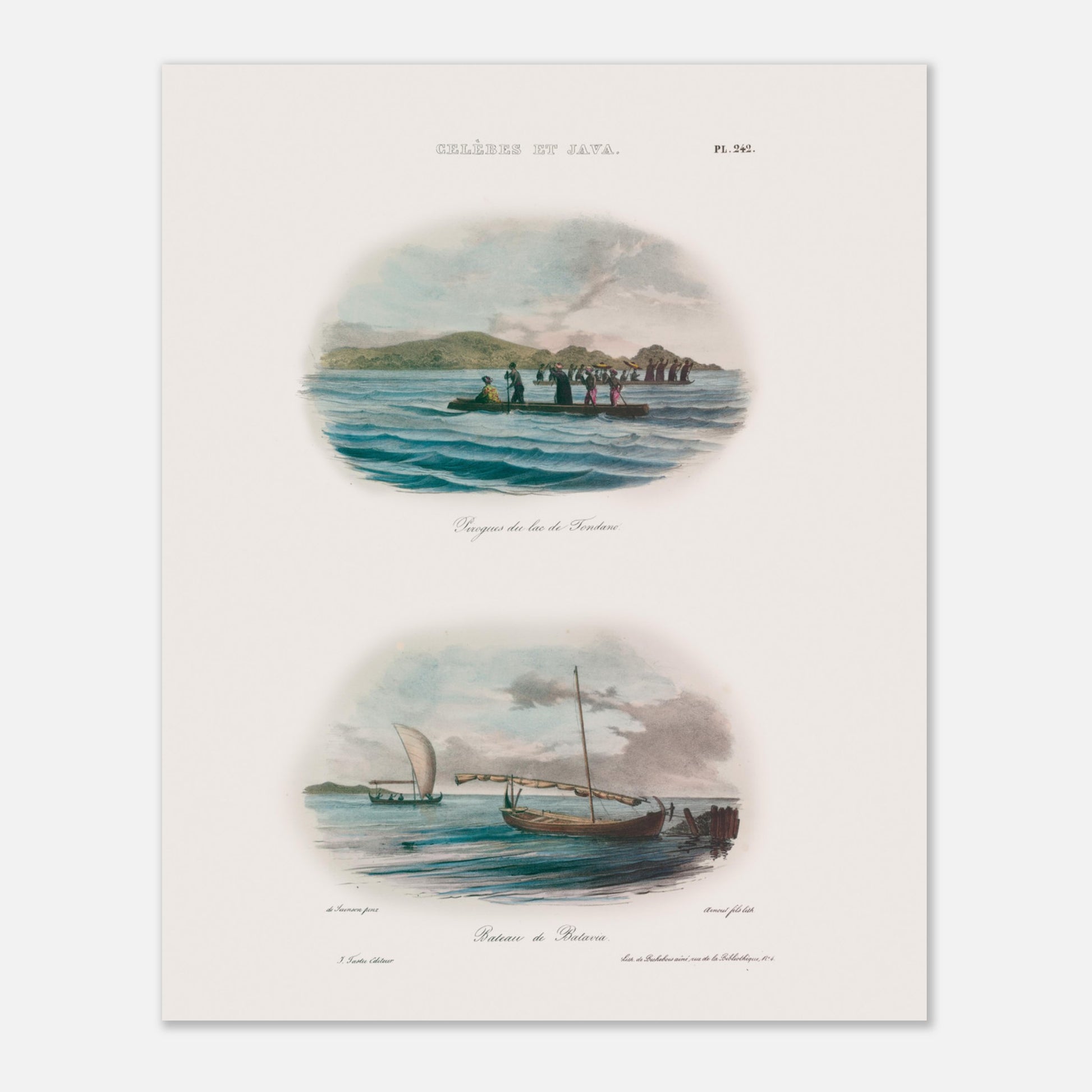 Planche de pirogues du lac de Tondano et bateaux de Batavia - Expédition Astrolabe (40x50 cm). Cette illustration présente deux scènes maritimes : en haut, plusieurs pirogues sur un lac avec des personnages, et en bas, un bateau à voile à Batavia.