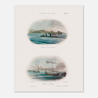 Planche de pirogues du lac de Tondano et bateaux de Batavia - Expédition Astrolabe (40x50 cm). Cette illustration présente deux scènes maritimes : en haut, plusieurs pirogues sur un lac avec des personnages, et en bas, un bateau à voile à Batavia.