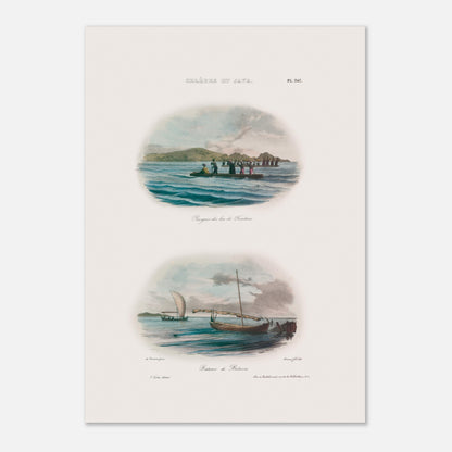 Planche de pirogues du lac de Tondano et bateaux de Batavia - Expédition Astrolabe (42x59,4 cm (A2)). Cette illustration présente deux scènes maritimes : en haut, plusieurs pirogues sur un lac avec des personnages, et en bas, un bateau à voile à Batavia.