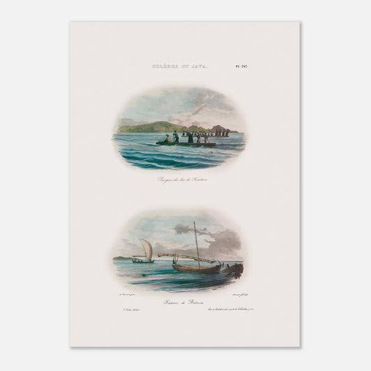 Planche de pirogues du lac de Tondano et bateaux de Batavia - Expédition Astrolabe (42x59,4 cm (A2)). Cette illustration présente deux scènes maritimes : en haut, plusieurs pirogues sur un lac avec des personnages, et en bas, un bateau à voile à Batavia.