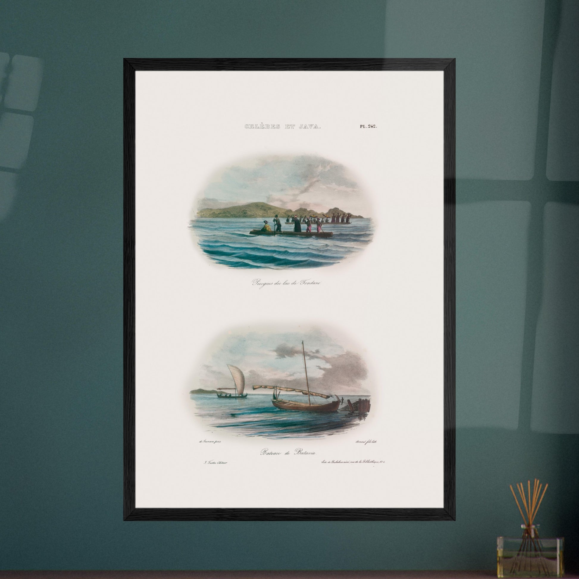 Planche de pirogues du lac de Tondano et bateaux de Batavia - Expédition Astrolabe. Cette illustration présente deux scènes maritimes : en haut, plusieurs pirogues sur un lac avec des personnages, et en bas, un bateau à voile à Batavia. Image d'illustration 5