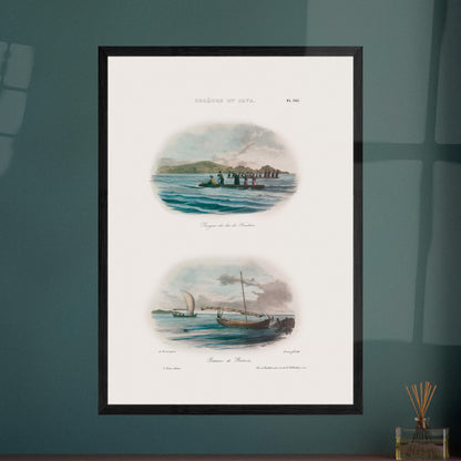 Planche de pirogues du lac de Tondano et bateaux de Batavia - Expédition Astrolabe. Cette illustration présente deux scènes maritimes : en haut, plusieurs pirogues sur un lac avec des personnages, et en bas, un bateau à voile à Batavia. Image d'illustration 5