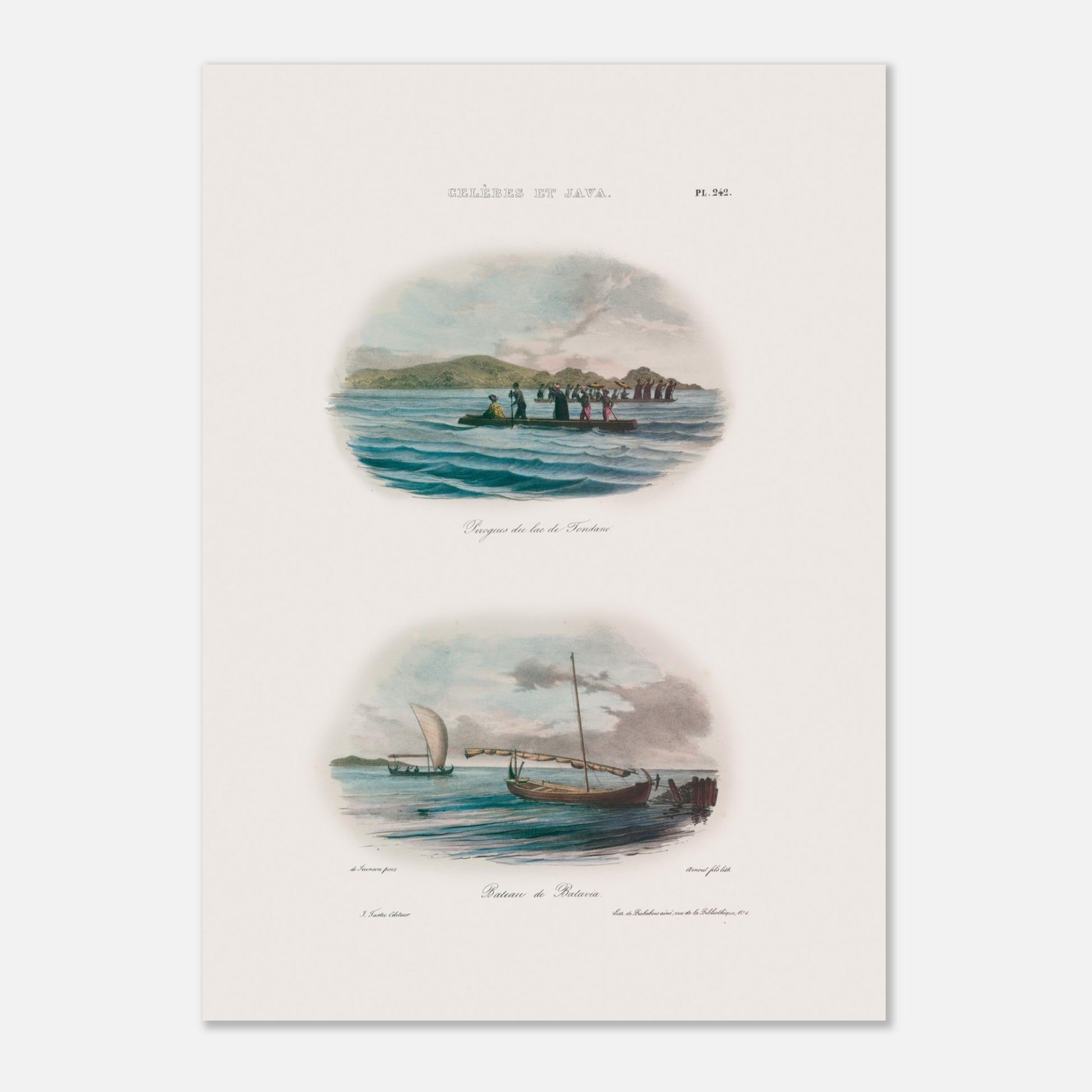 Planche de pirogues du lac de Tondano et bateaux de Batavia - Expédition Astrolabe (50x70 cm). Cette illustration présente deux scènes maritimes : en haut, plusieurs pirogues sur un lac avec des personnages, et en bas, un bateau à voile à Batavia.
