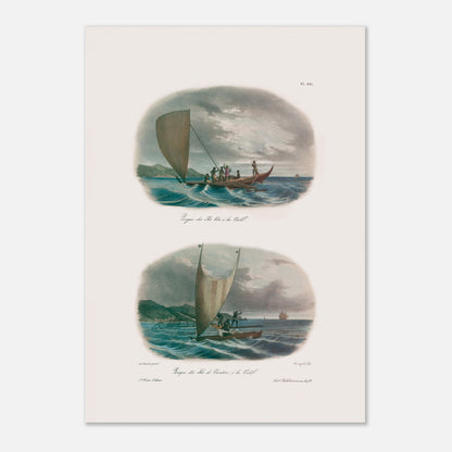 Planche de pirogues à voile des îles Viti et Vanikoro (Astrolabe) (29,7x42 cm (A3)). Cette illustration montre deux scènes de pirogues à voile dans des environnements marins avec des îles en arrière-plan.