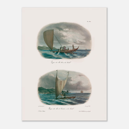 Planche de pirogues à voile des îles Viti et Vanikoro (Astrolabe) (30x40 cm). Cette illustration montre deux scènes de pirogues à voile dans des environnements marins avec des îles en arrière-plan.