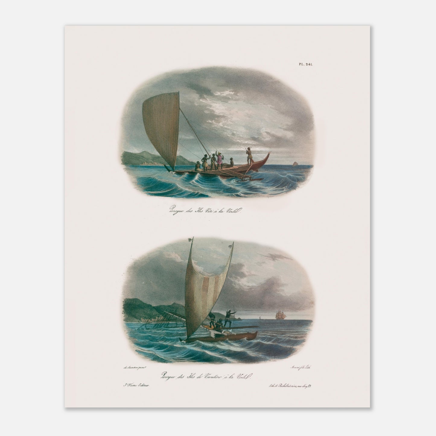 Planche de pirogues à voile des îles Viti et Vanikoro (Astrolabe) (40x50 cm). Cette illustration montre deux scènes de pirogues à voile dans des environnements marins avec des îles en arrière-plan.