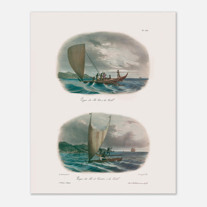 Planche de pirogues à voile des îles Viti et Vanikoro (Astrolabe) (40x50 cm). Cette illustration montre deux scènes de pirogues à voile dans des environnements marins avec des îles en arrière-plan.