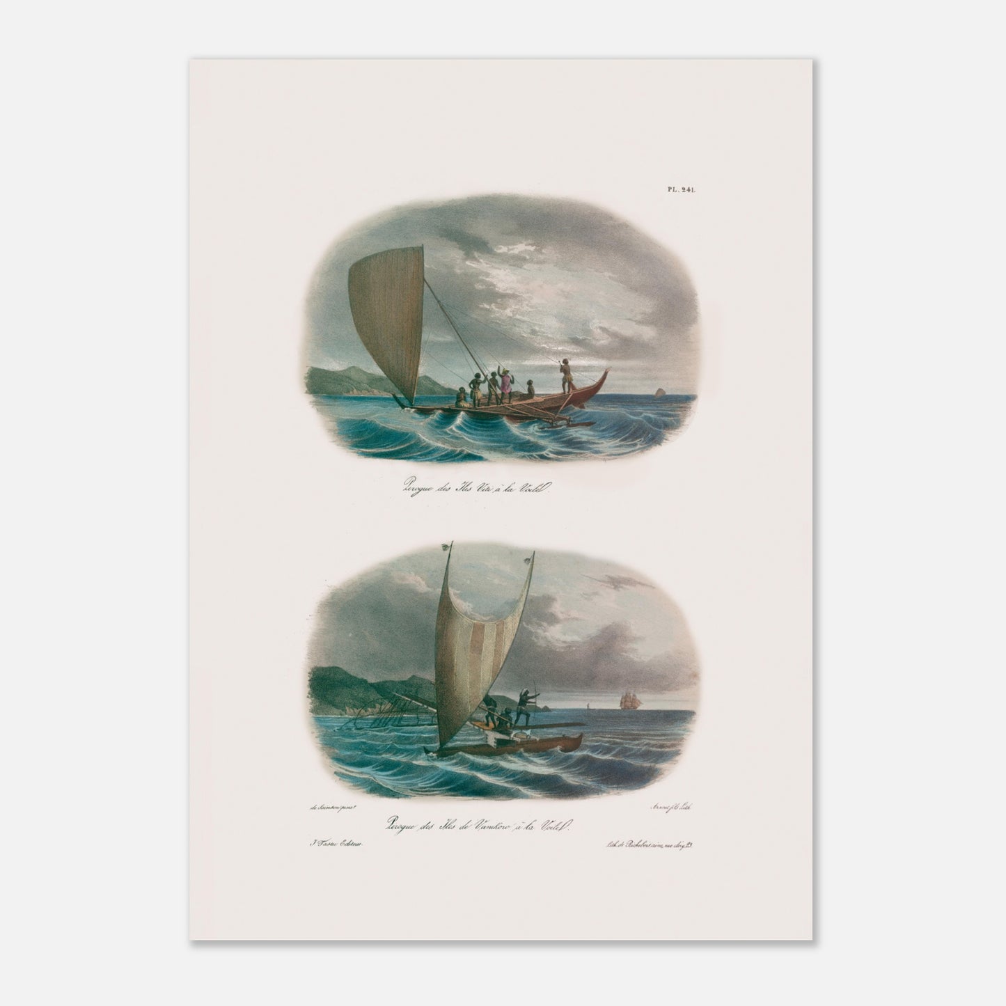 Planche de pirogues à voile des îles Viti et Vanikoro (Astrolabe) (42x59,4 cm (A2)). Cette illustration montre deux scènes de pirogues à voile dans des environnements marins avec des îles en arrière-plan.