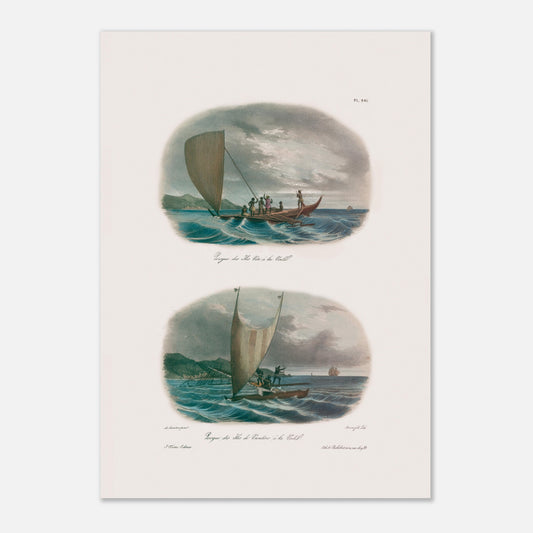 Planche de pirogues à voile des îles Viti et Vanikoro (Astrolabe) (42x59,4 cm (A2)). Cette illustration montre deux scènes de pirogues à voile dans des environnements marins avec des îles en arrière-plan.