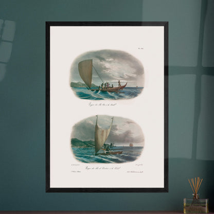 Planche de pirogues à voile des îles Viti et Vanikoro (Astrolabe). Cette illustration montre deux scènes de pirogues à voile dans des environnements marins avec des îles en arrière-plan. Image d'illustration 5