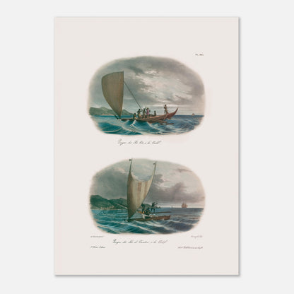 Planche de pirogues à voile des îles Viti et Vanikoro (Astrolabe) (50x70 cm). Cette illustration montre deux scènes de pirogues à voile dans des environnements marins avec des îles en arrière-plan.