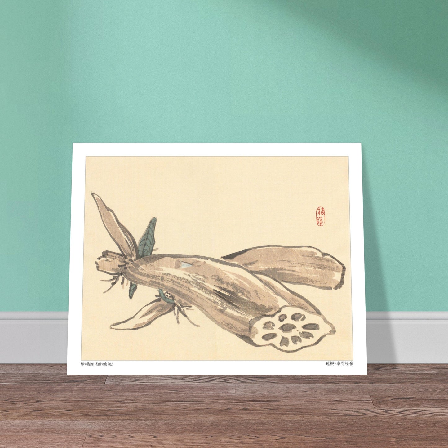 Planche Naturaliste de Racine de Lotus (Renkon) par Kōno Bairei. Illustration japonaise ancienne montrant une racine de lotus coupée, révélant sa structure alvéolée, avec des feuilles au premier plan. Image d'illustration 6
