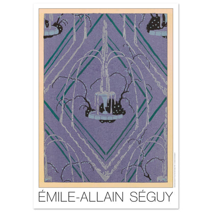 Planche de rosace géométrique violette, Samarkande par Émile-Allain Séguy (29,7x42 cm (A3)). Illustration Art Déco représentant une fontaine entourée de végétation stylisée, sur un fond violet géométrique formé de losanges et de lignes vertes et blanches, par Émile-Allain Séguy.