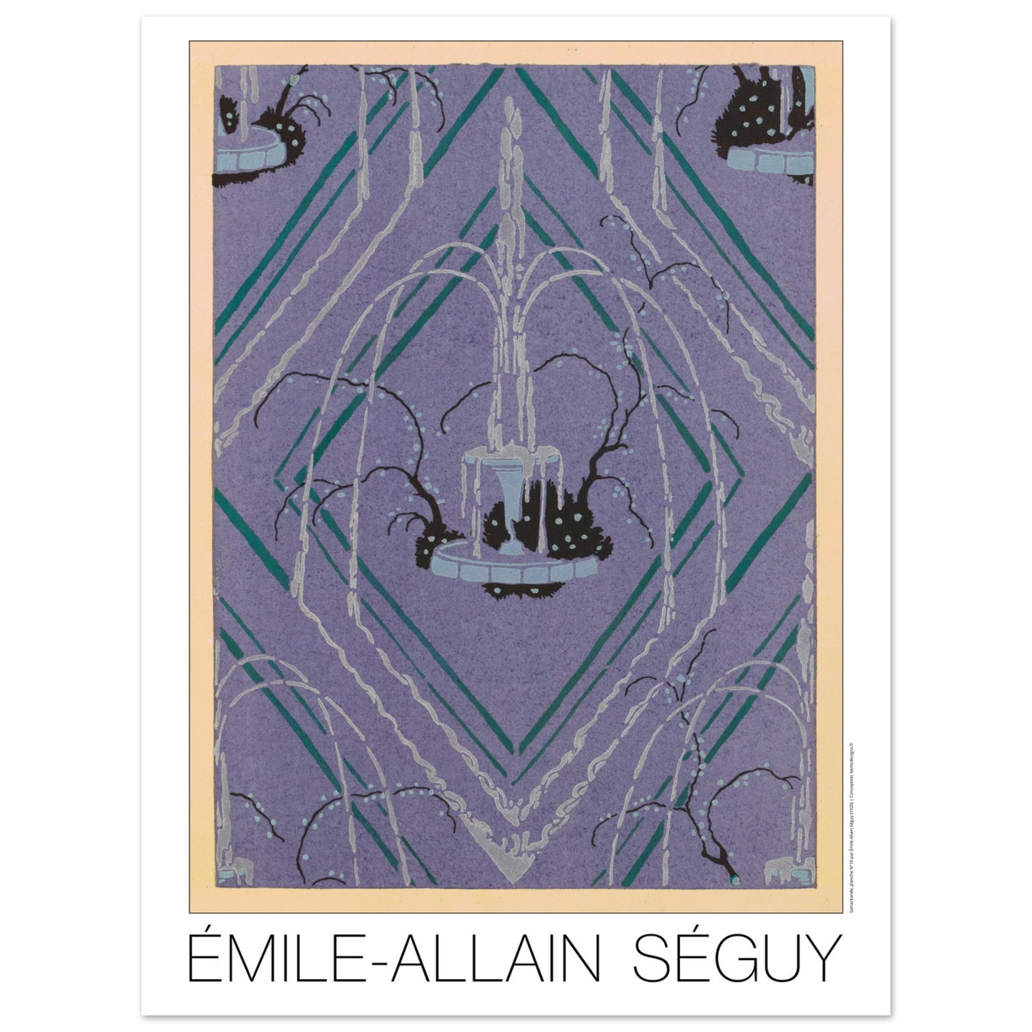 Planche de rosace géométrique violette, Samarkande par Émile-Allain Séguy (30x40 cm). Illustration Art Déco représentant une fontaine entourée de végétation stylisée, sur un fond violet géométrique formé de losanges et de lignes vertes et blanches, par Émile-Allain Séguy.