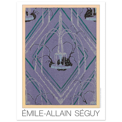 Planche de rosace géométrique violette, Samarkande par Émile-Allain Séguy (30x40 cm). Illustration Art Déco représentant une fontaine entourée de végétation stylisée, sur un fond violet géométrique formé de losanges et de lignes vertes et blanches, par Émile-Allain Séguy.