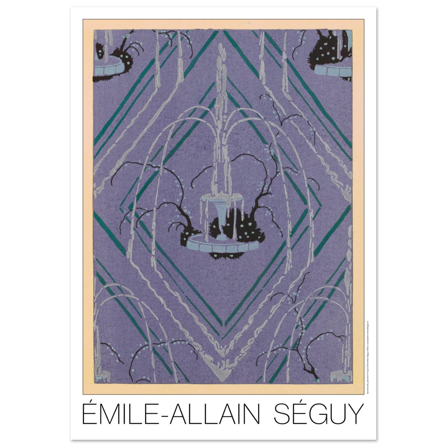 Planche de rosace géométrique violette, Samarkande par Émile-Allain Séguy (42x59,4 cm (A2)). Illustration Art Déco représentant une fontaine entourée de végétation stylisée, sur un fond violet géométrique formé de losanges et de lignes vertes et blanches, par Émile-Allain Séguy.