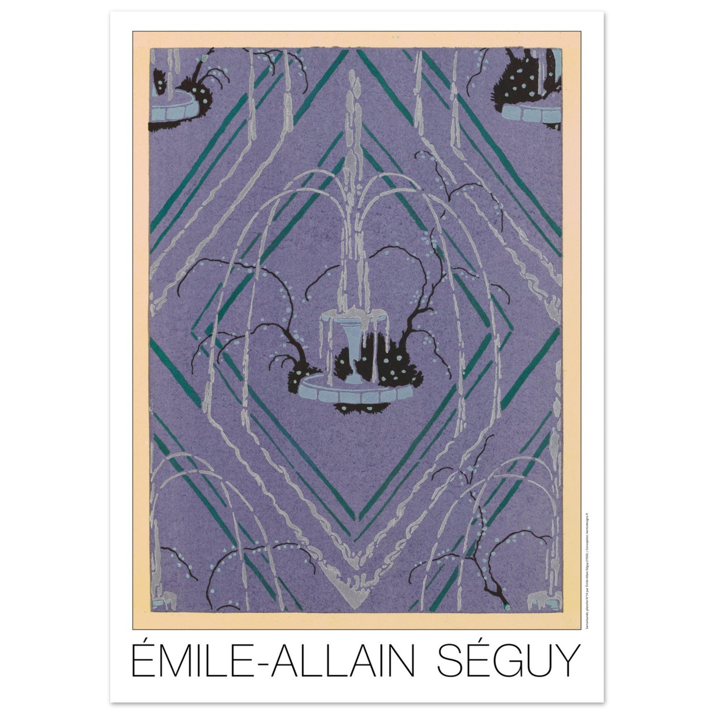 Planche de rosace géométrique violette, Samarkande par Émile-Allain Séguy (50x70 cm). Illustration Art Déco représentant une fontaine entourée de végétation stylisée, sur un fond violet géométrique formé de losanges et de lignes vertes et blanches, par Émile-Allain Séguy.
