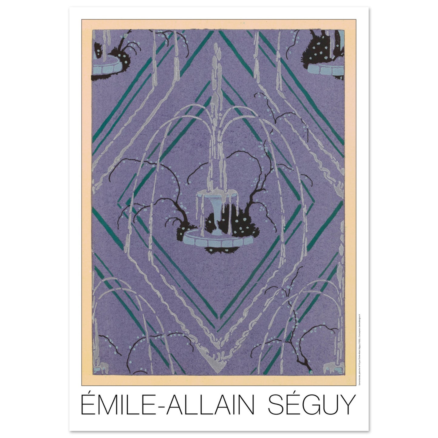 Planche de rosace géométrique violette, Samarkande par Émile-Allain Séguy (59,4x84,1 cm (A1)). Illustration Art Déco représentant une fontaine entourée de végétation stylisée, sur un fond violet géométrique formé de losanges et de lignes vertes et blanches, par Émile-Allain Séguy.