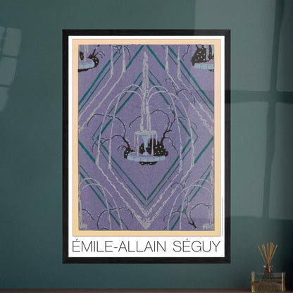 Planche de rosace géométrique violette, Samarkande par Émile-Allain Séguy. Illustration Art Déco représentant une fontaine entourée de végétation stylisée, sur un fond violet géométrique formé de losanges et de lignes vertes et blanches, par Émile-Allain Séguy. Image d'illustration 7