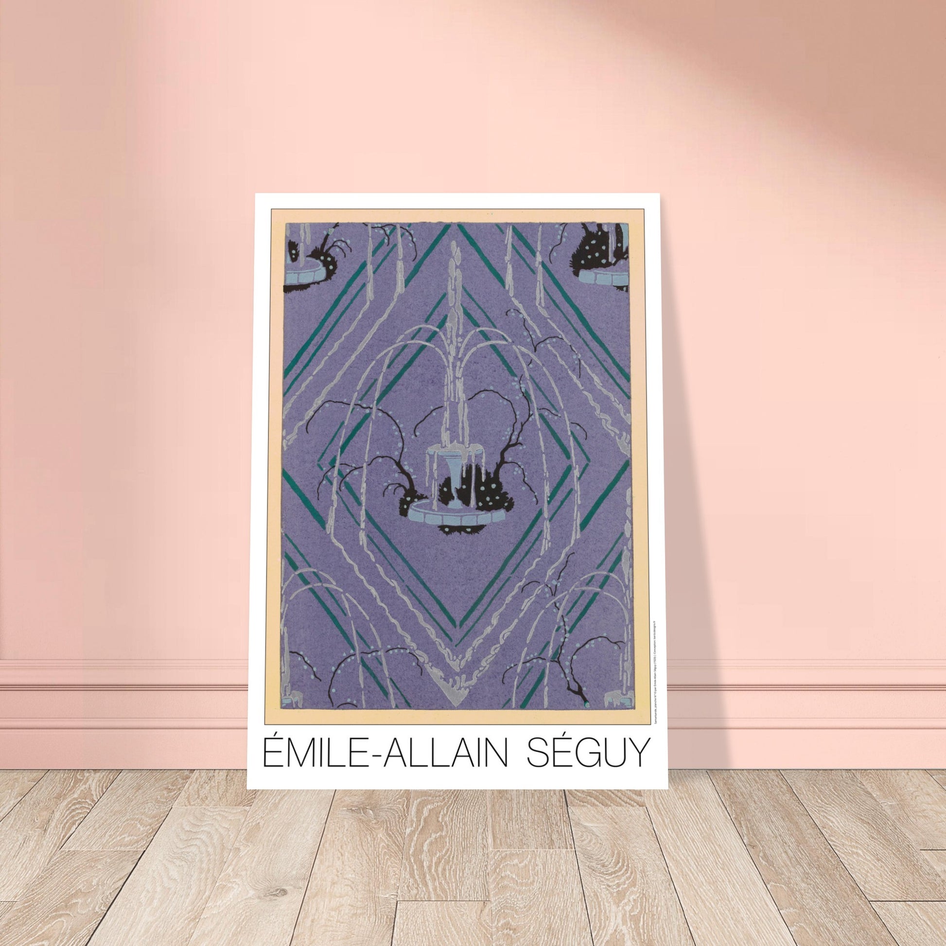 Planche de rosace géométrique violette, Samarkande par Émile-Allain Séguy. Illustration Art Déco représentant une fontaine entourée de végétation stylisée, sur un fond violet géométrique formé de losanges et de lignes vertes et blanches, par Émile-Allain Séguy. Image d'illustration 8