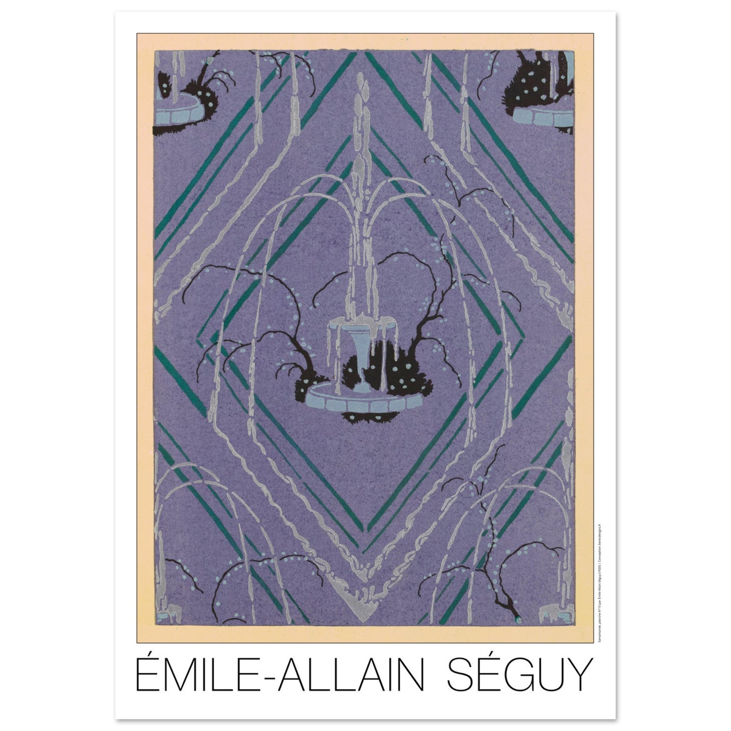 Planche de rosace géométrique violette, Samarkande par Émile-Allain Séguy (84,1x118,9 cm (A0)). Illustration Art Déco représentant une fontaine entourée de végétation stylisée, sur un fond violet géométrique formé de losanges et de lignes vertes et blanches, par Émile-Allain Séguy.