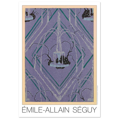 Planche de rosace géométrique violette, Samarkande par Émile-Allain Séguy (84,1x118,9 cm (A0)). Illustration Art Déco représentant une fontaine entourée de végétation stylisée, sur un fond violet géométrique formé de losanges et de lignes vertes et blanches, par Émile-Allain Séguy.