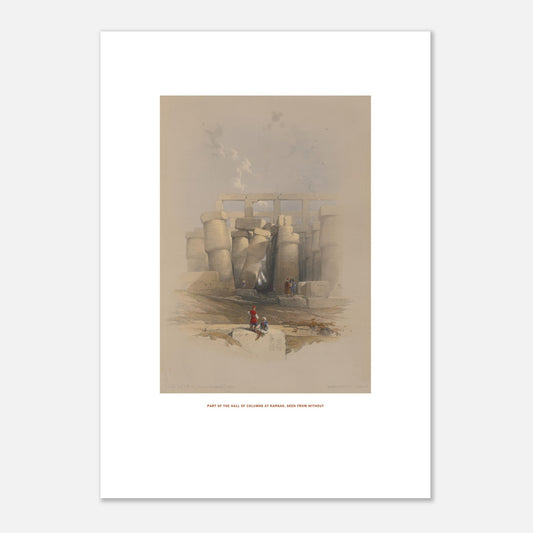 Planche ancienne : Salle des colonnes à Karnak par David Roberts (21x29,7 cm (A4)). Lithographie de David Roberts représentant une partie de la salle des colonnes du temple de Karnak, vue de l'extérieur, avec des colonnes imposantes et des personnages.