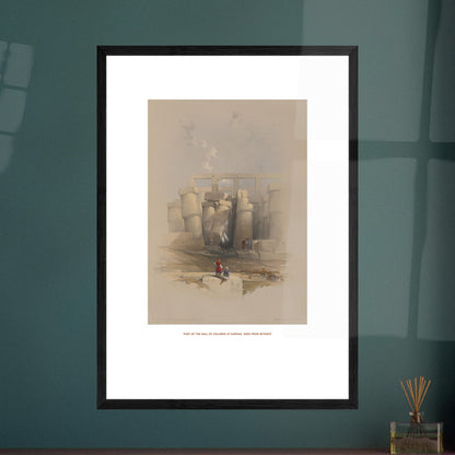 Planche ancienne : Salle des colonnes à Karnak par David Roberts. Lithographie de David Roberts représentant une partie de la salle des colonnes du temple de Karnak, vue de l'extérieur, avec des colonnes imposantes et des personnages. Image d'illustration 6