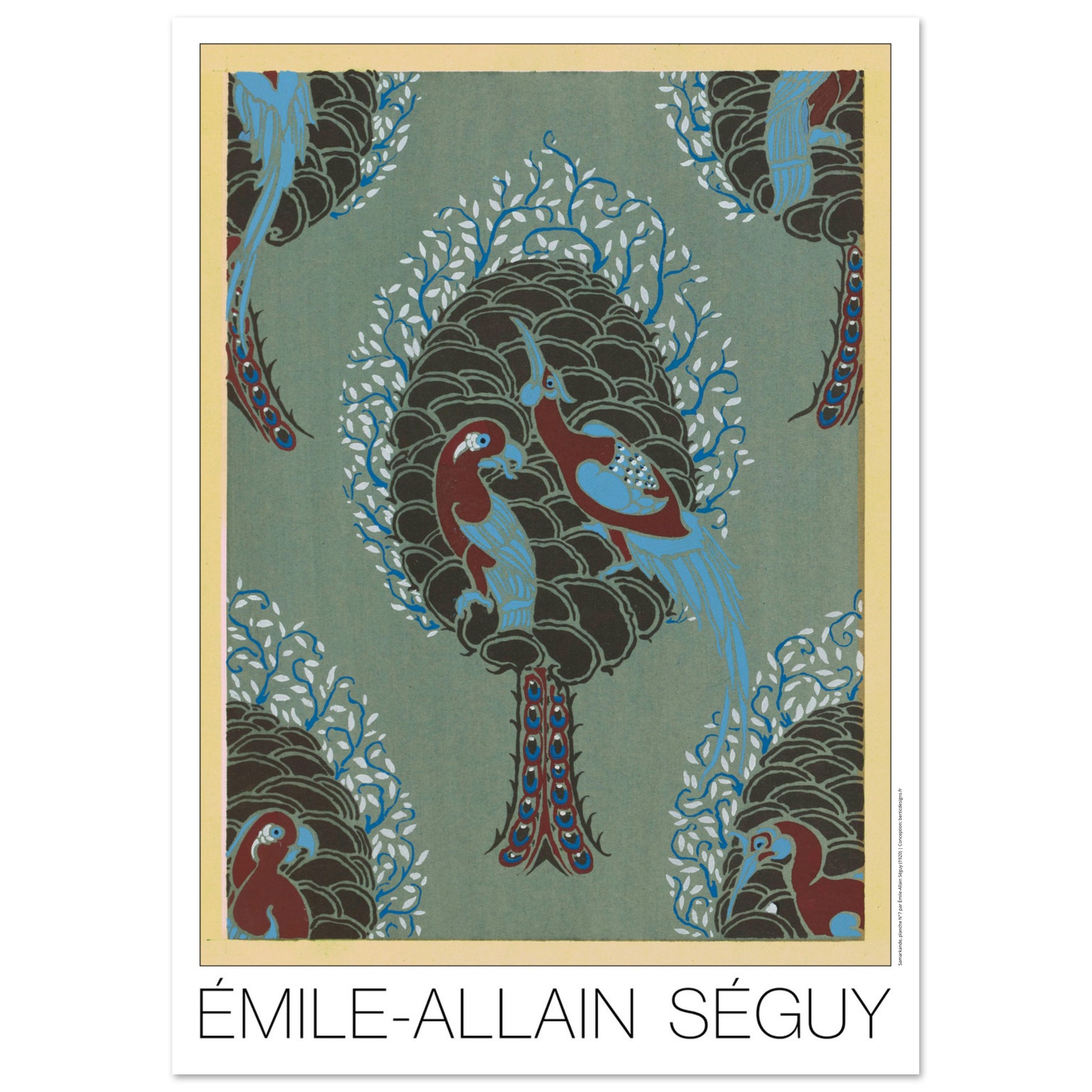 Planche Arbre et oiseaux sur fond turquoise, Samarkande de Séguy (29,7x42 cm (A3)). Gravure Art déco représentant un arbre stylisé sur fond turquoise, avec des oiseaux colorés perchés sur ses branches et des motifs décoratifs rappelant des pommes de pin.