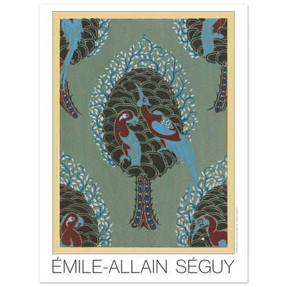 Planche Arbre et oiseaux sur fond turquoise, Samarkande de Séguy (30x40 cm). Gravure Art déco représentant un arbre stylisé sur fond turquoise, avec des oiseaux colorés perchés sur ses branches et des motifs décoratifs rappelant des pommes de pin.