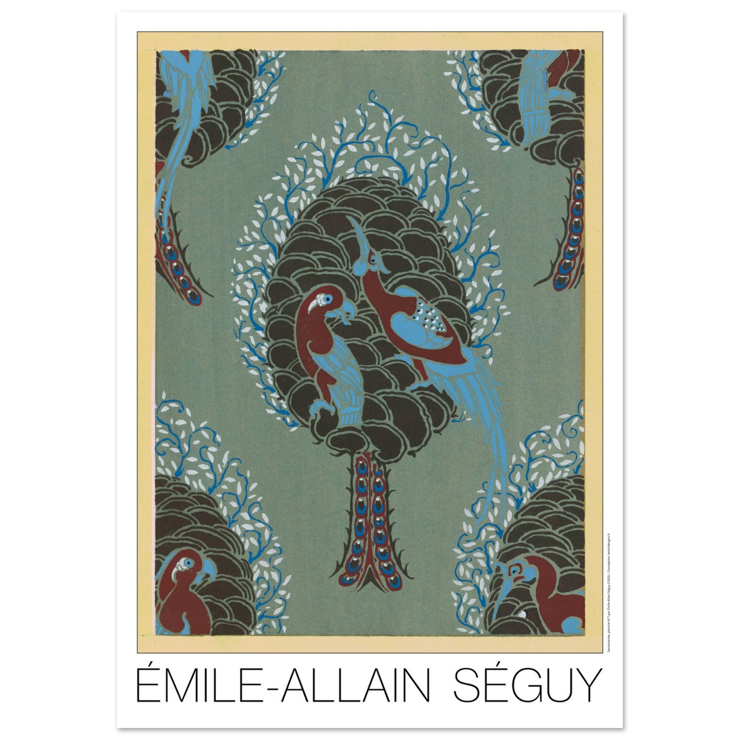 Planche Arbre et oiseaux sur fond turquoise, Samarkande de Séguy (42x59,4 cm (A2)). Gravure Art déco représentant un arbre stylisé sur fond turquoise, avec des oiseaux colorés perchés sur ses branches et des motifs décoratifs rappelant des pommes de pin.