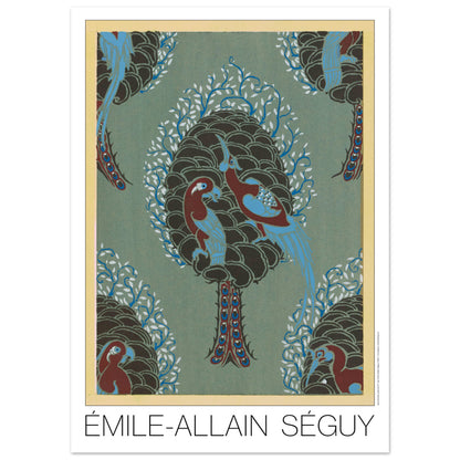 Planche Arbre et oiseaux sur fond turquoise, Samarkande de Séguy (50x70 cm). Gravure Art déco représentant un arbre stylisé sur fond turquoise, avec des oiseaux colorés perchés sur ses branches et des motifs décoratifs rappelant des pommes de pin.