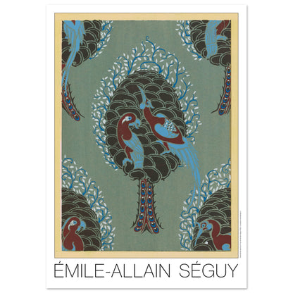 Planche Arbre et oiseaux sur fond turquoise, Samarkande de Séguy (59,4x84,1 cm (A1)). Gravure Art déco représentant un arbre stylisé sur fond turquoise, avec des oiseaux colorés perchés sur ses branches et des motifs décoratifs rappelant des pommes de pin.