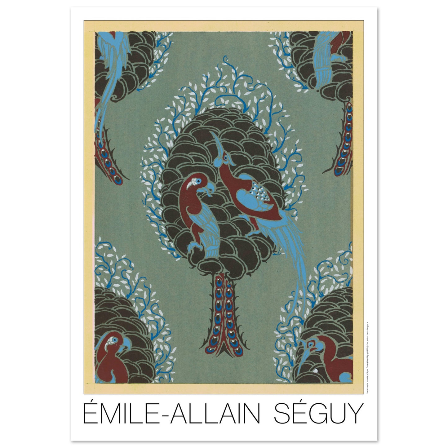 Planche Arbre et oiseaux sur fond turquoise, Samarkande de Séguy (84,1x118,9 cm (A0)). Gravure Art déco représentant un arbre stylisé sur fond turquoise, avec des oiseaux colorés perchés sur ses branches et des motifs décoratifs rappelant des pommes de pin.