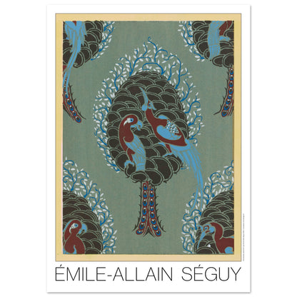 Planche Arbre et oiseaux sur fond turquoise, Samarkande de Séguy (84,1x118,9 cm (A0)). Gravure Art déco représentant un arbre stylisé sur fond turquoise, avec des oiseaux colorés perchés sur ses branches et des motifs décoratifs rappelant des pommes de pin.