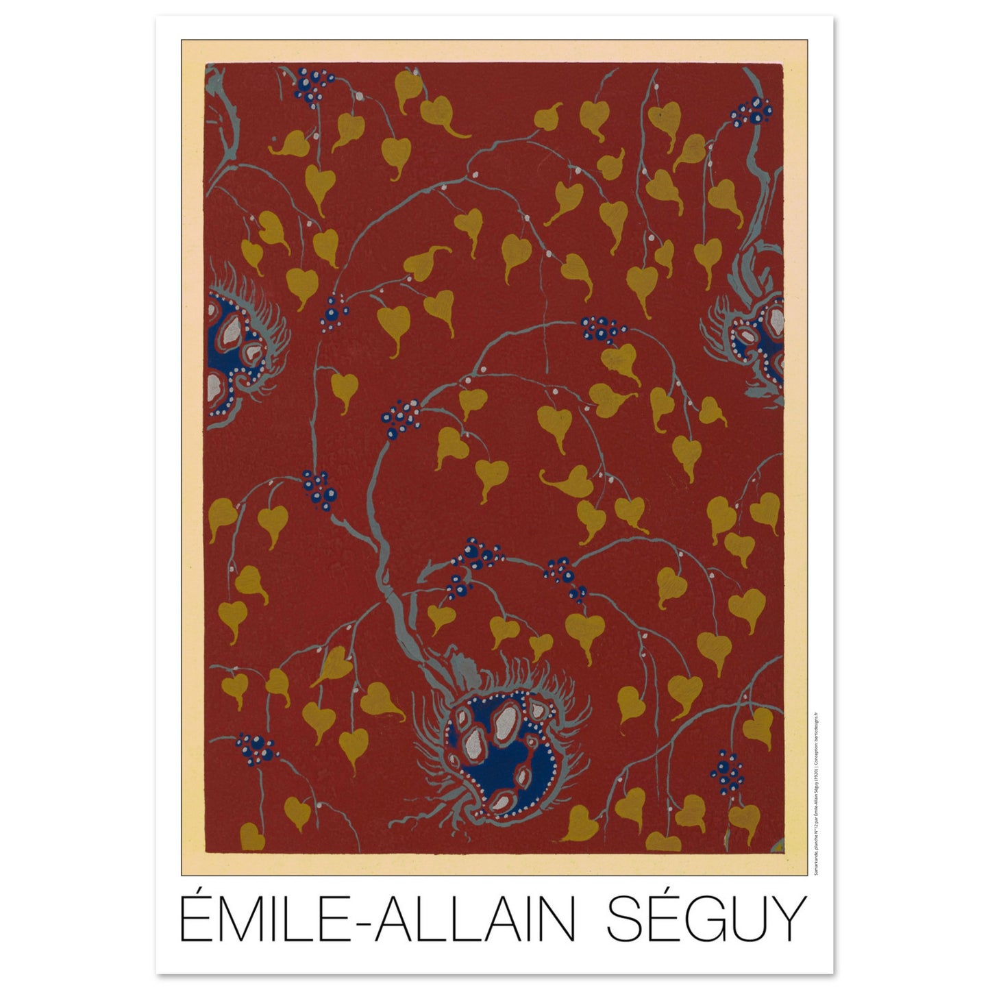 Planche Samarkande : feuilles dorées sur fond rouge par E.A. Séguy (29,7x42 cm (A3)). Motifs de Samarkande par Émile-Allain Séguy : des feuilles stylisées dorées et des motifs floraux bleus sur fond rouge.