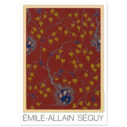 Planche Samarkande : feuilles dorées sur fond rouge par E.A. Séguy (29,7x42 cm (A3)). Motifs de Samarkande par Émile-Allain Séguy : des feuilles stylisées dorées et des motifs floraux bleus sur fond rouge.