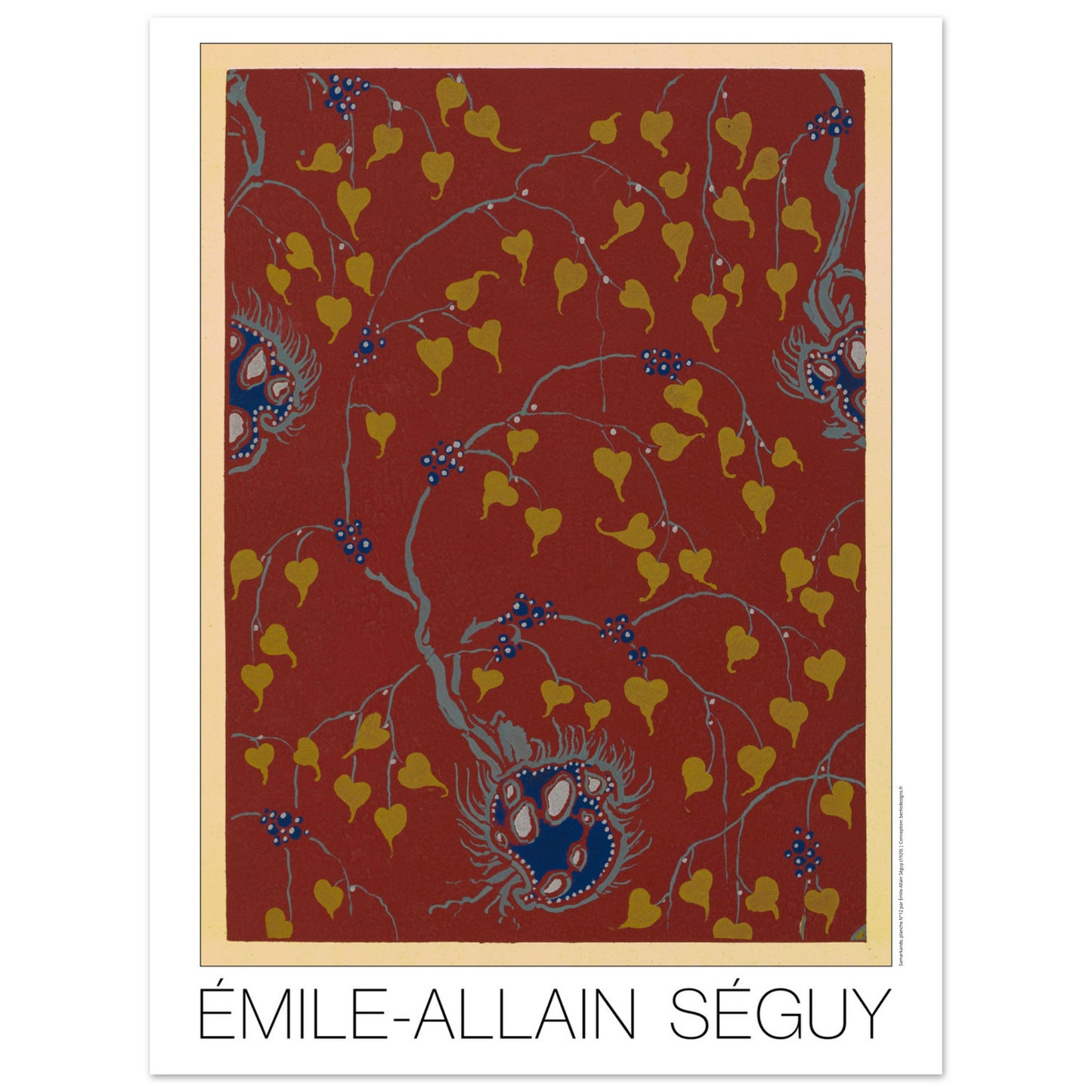 Planche Samarkande : feuilles dorées sur fond rouge par E.A. Séguy (30x40 cm). Motifs de Samarkande par Émile-Allain Séguy : des feuilles stylisées dorées et des motifs floraux bleus sur fond rouge.