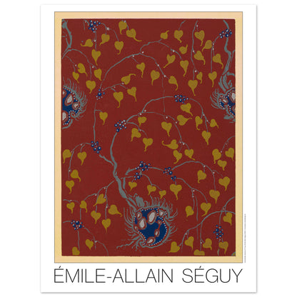 Planche Samarkande : feuilles dorées sur fond rouge par E.A. Séguy (30x40 cm). Motifs de Samarkande par Émile-Allain Séguy : des feuilles stylisées dorées et des motifs floraux bleus sur fond rouge.