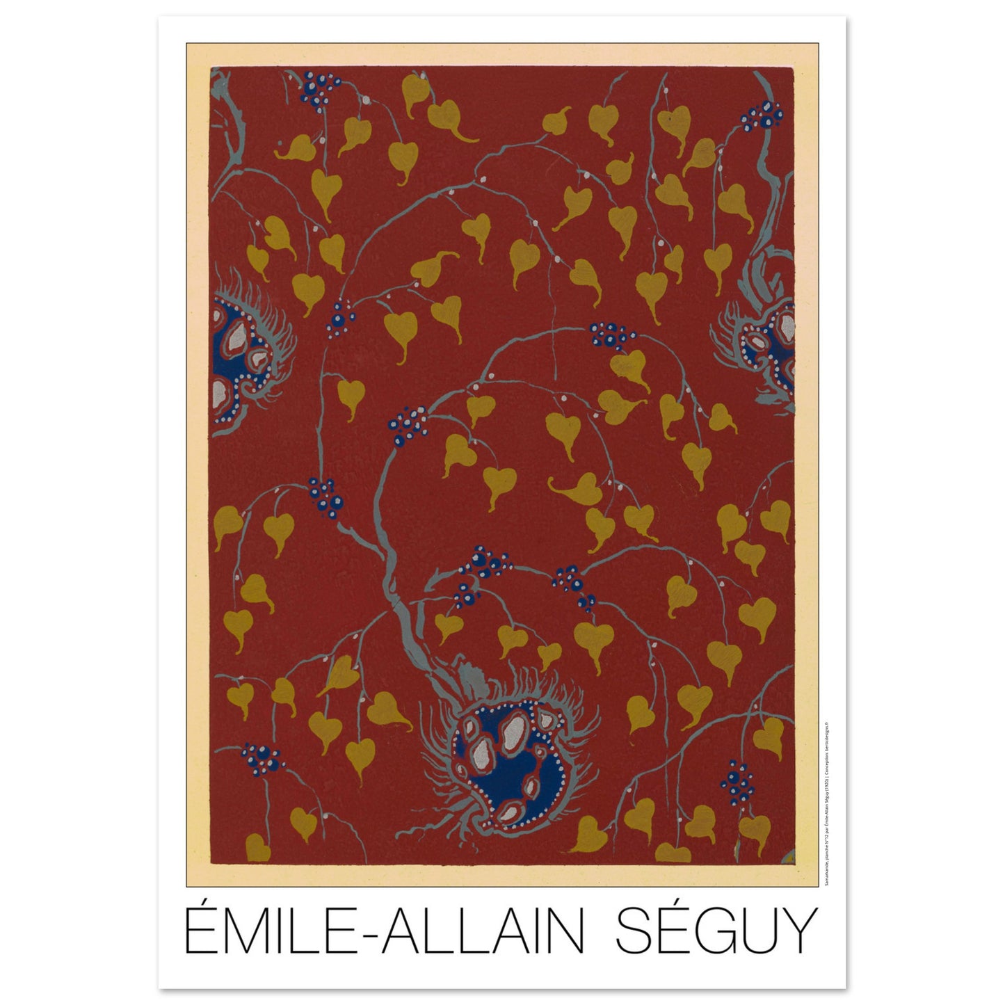 Planche Samarkande : feuilles dorées sur fond rouge par E.A. Séguy (42x59,4 cm (A2)). Motifs de Samarkande par Émile-Allain Séguy : des feuilles stylisées dorées et des motifs floraux bleus sur fond rouge.