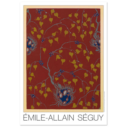 Planche Samarkande : feuilles dorées sur fond rouge par E.A. Séguy (42x59,4 cm (A2)). Motifs de Samarkande par Émile-Allain Séguy : des feuilles stylisées dorées et des motifs floraux bleus sur fond rouge.