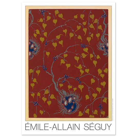 Planche Samarkande : feuilles dorées sur fond rouge par E.A. Séguy (42x59,4 cm (A2)). Motifs de Samarkande par Émile-Allain Séguy : des feuilles stylisées dorées et des motifs floraux bleus sur fond rouge.