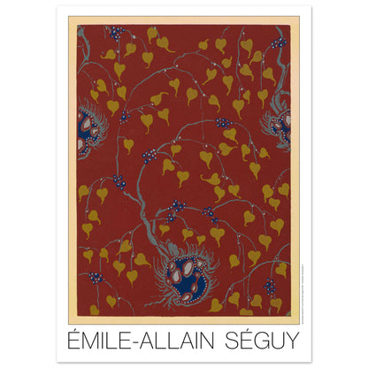 Planche Samarkande : feuilles dorées sur fond rouge par E.A. Séguy (50x70 cm). Motifs de Samarkande par Émile-Allain Séguy : des feuilles stylisées dorées et des motifs floraux bleus sur fond rouge.