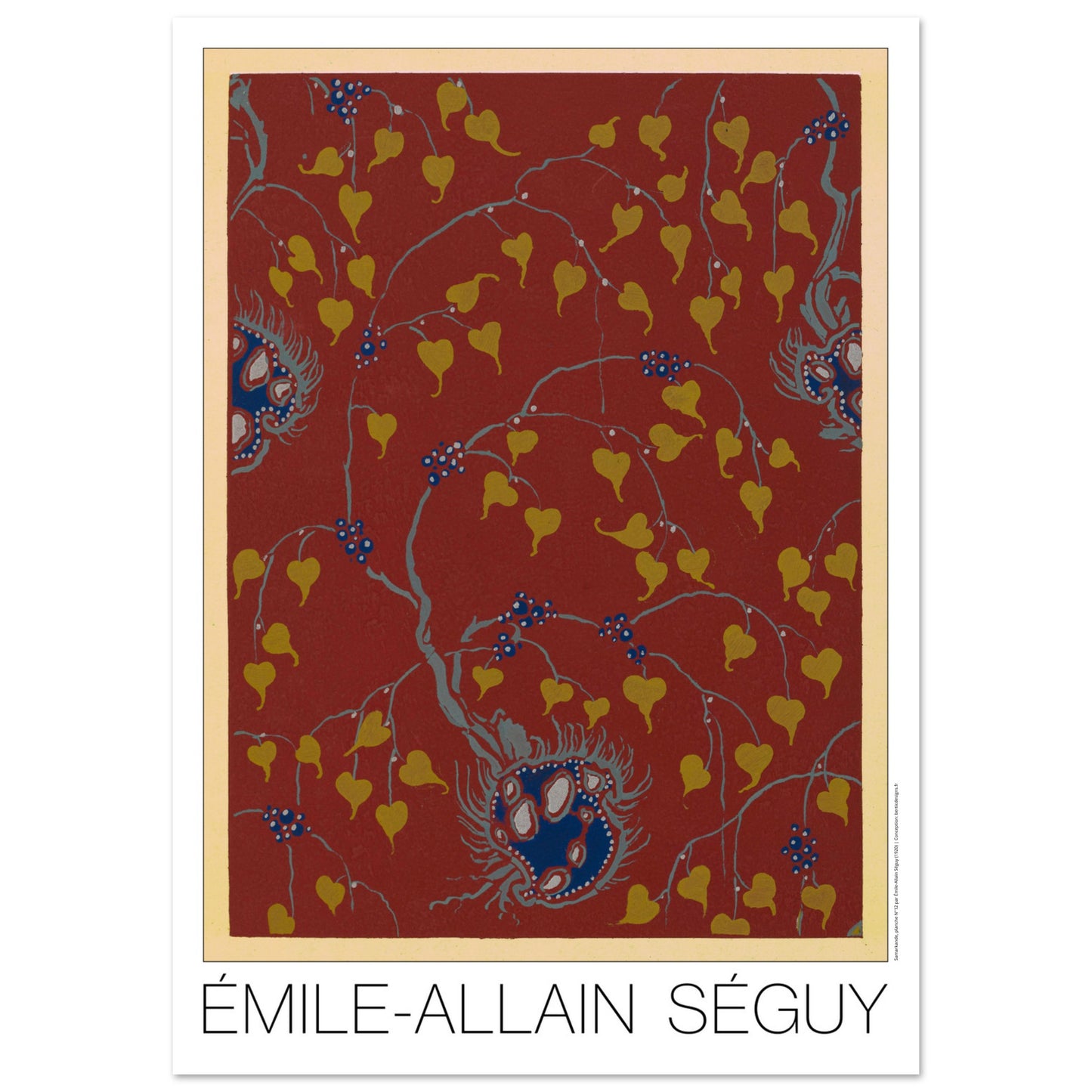 Planche Samarkande : feuilles dorées sur fond rouge par E.A. Séguy (59,4x84,1 cm (A1)). Motifs de Samarkande par Émile-Allain Séguy : des feuilles stylisées dorées et des motifs floraux bleus sur fond rouge.