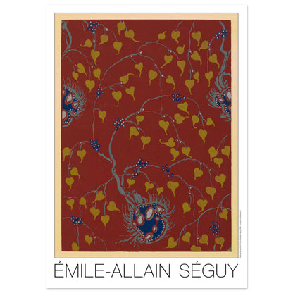 Planche Samarkande : feuilles dorées sur fond rouge par E.A. Séguy (59,4x84,1 cm (A1)). Motifs de Samarkande par Émile-Allain Séguy : des feuilles stylisées dorées et des motifs floraux bleus sur fond rouge.