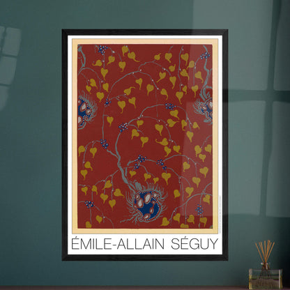 Planche Samarkande : feuilles dorées sur fond rouge par E.A. Séguy. Motifs de Samarkande par Émile-Allain Séguy : des feuilles stylisées dorées et des motifs floraux bleus sur fond rouge. Image d'illustration 7