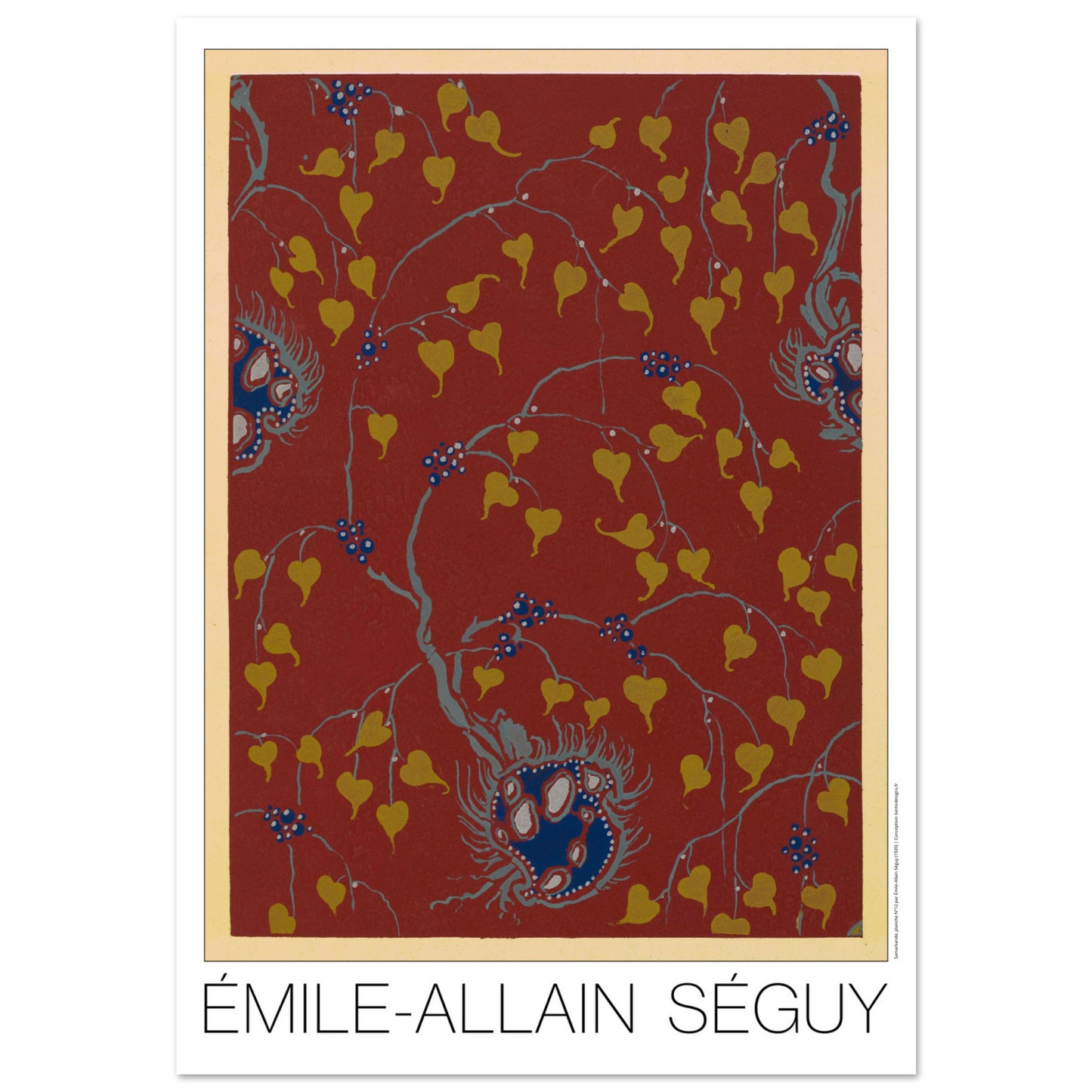 Planche Samarkande : feuilles dorées sur fond rouge par E.A. Séguy (70x100 cm). Motifs de Samarkande par Émile-Allain Séguy : des feuilles stylisées dorées et des motifs floraux bleus sur fond rouge.